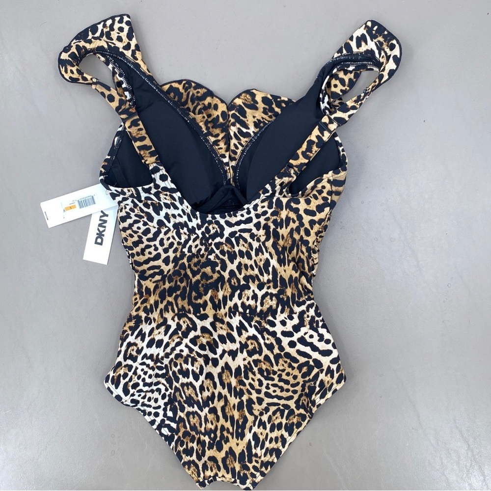DKNY Animal Print Ruffle Neck One-Piece Swimsuit Brown and Black Size Small NWT - Picture 3 of 8